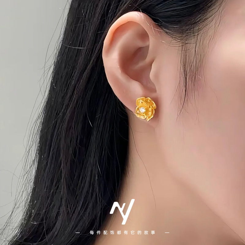 黄铜铜耳饰 法式复古风轻奢ins风小香风山茶花微镶女士耳饰20
