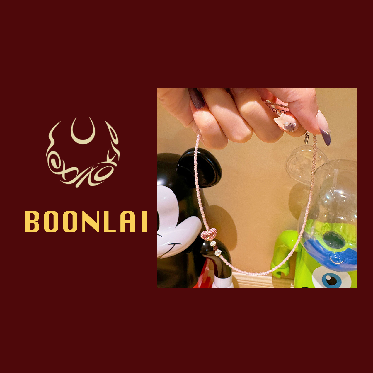 铜合金莫桑石项链 Boonlai 粉色爱心串珠项链1308