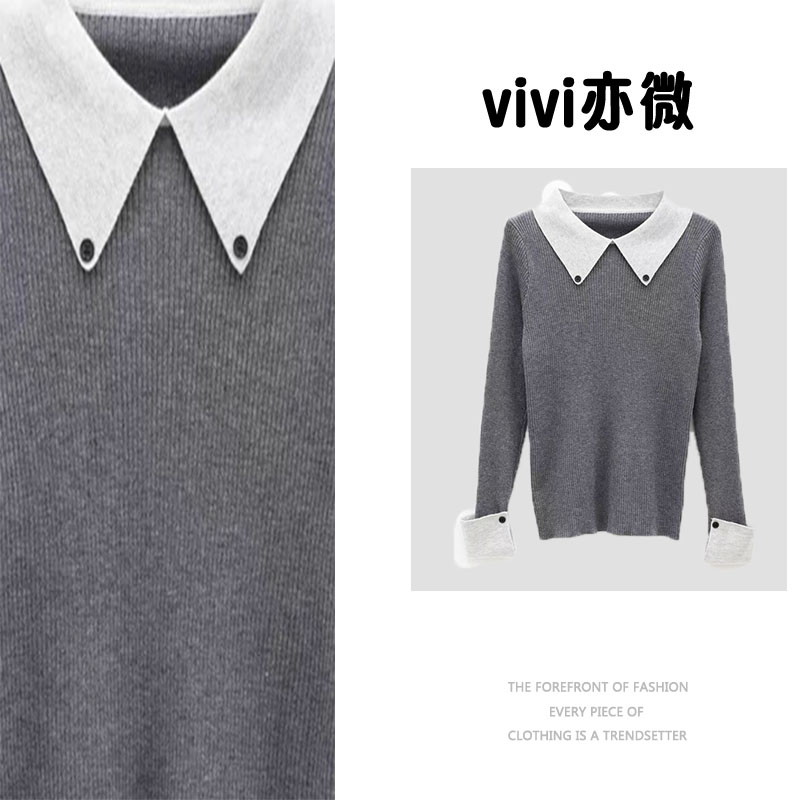  【vivi亦微  |】方领纽扣翻袖打底针织长袖百搭羊毛衫ly10271