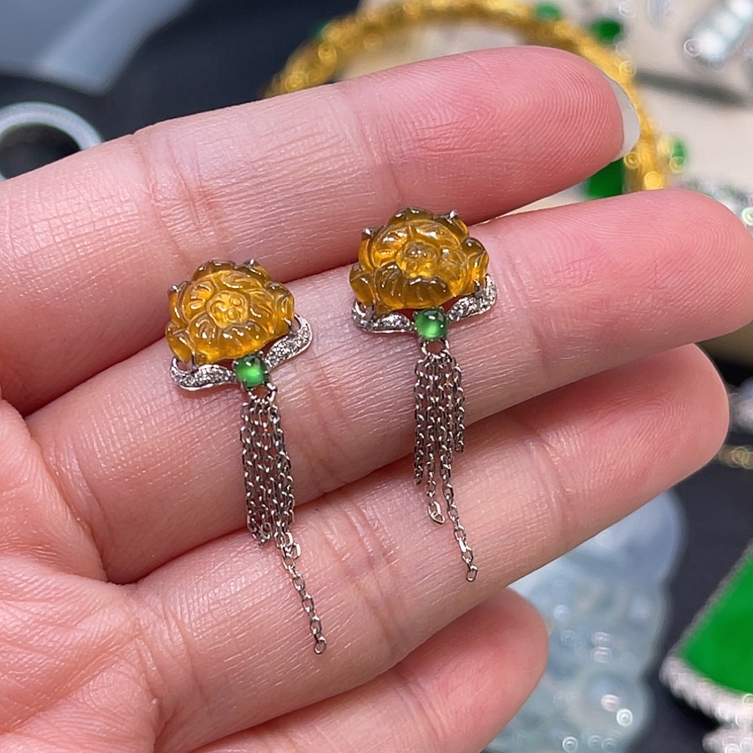 翡翠18K金镶嵌耳饰黄翡花朵