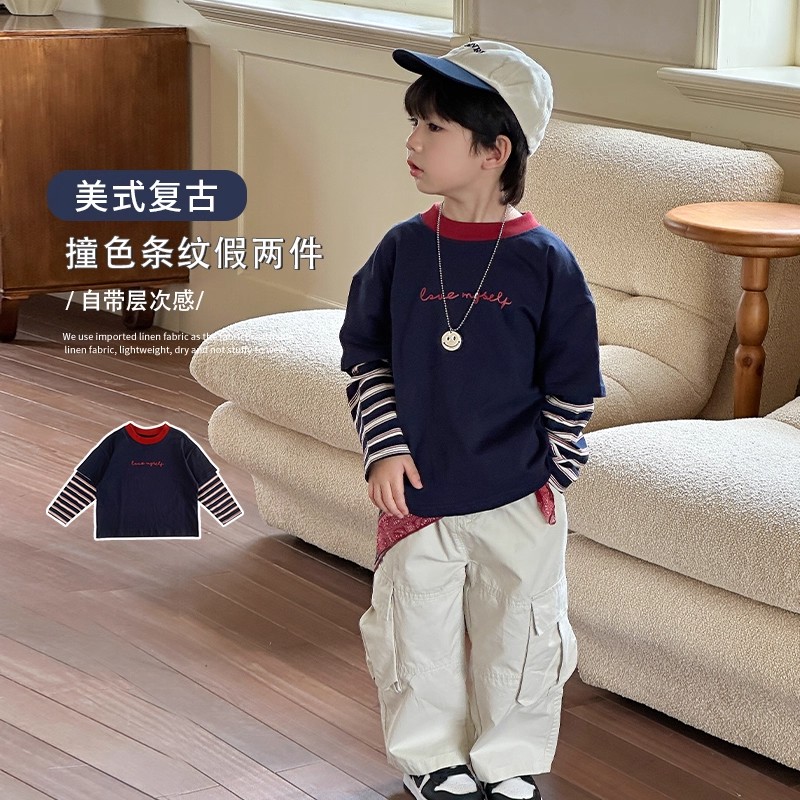 美式复古撞色条纹假两件儿童春秋新款百搭拼接休闲长袖上衣