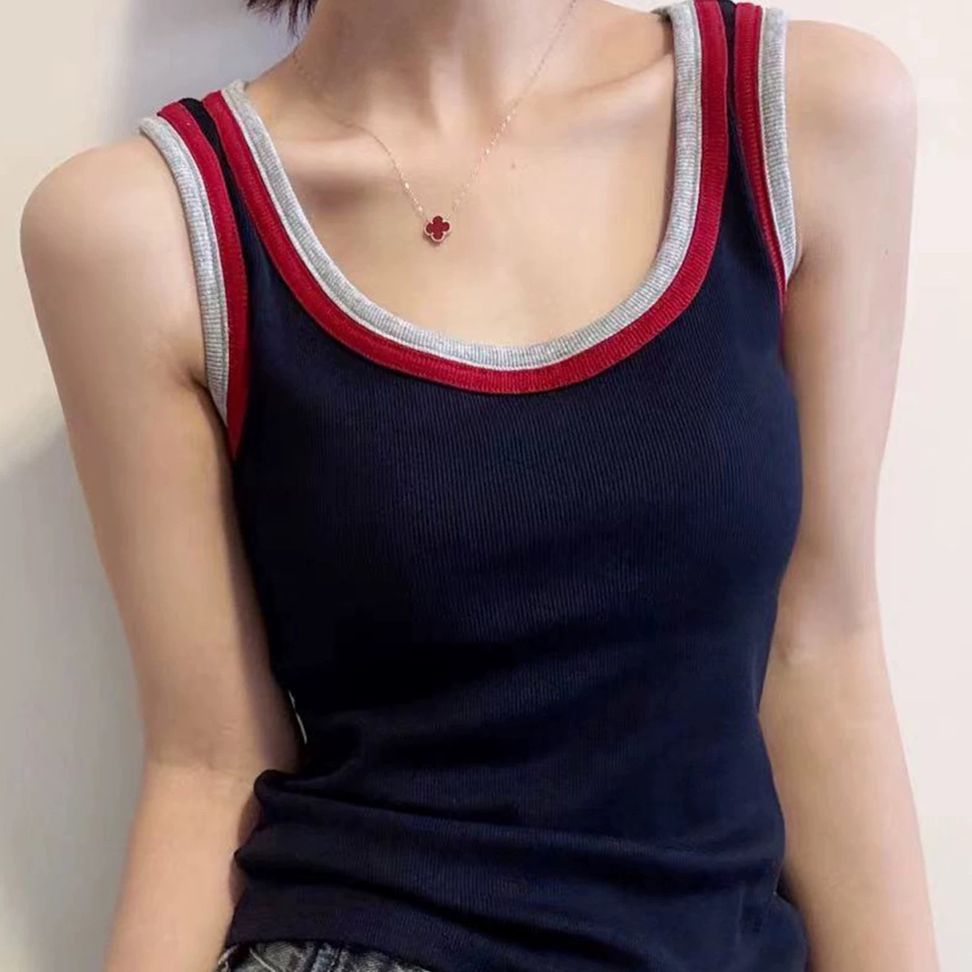 藏青色拼色吊带背心女2025夏新款韩系修身显瘦设计感小众洋气上衣