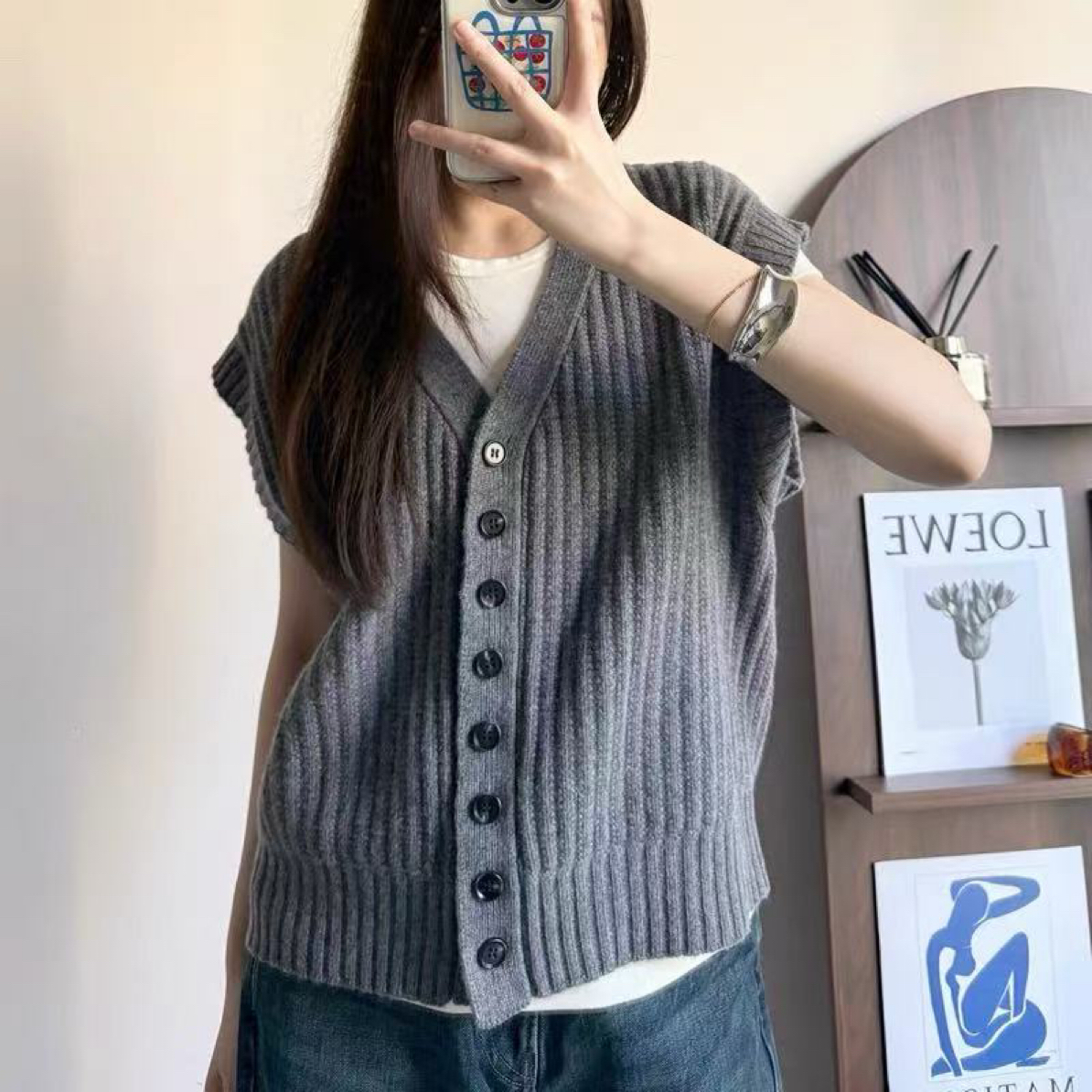 纽扣V领 针织毛衣马甲背心7177
