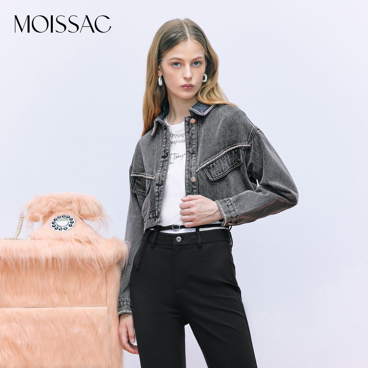 【蒋千金】MOISSAC摩萨克秋法式镶钻短款甜酷水洗牛仔外套夹克