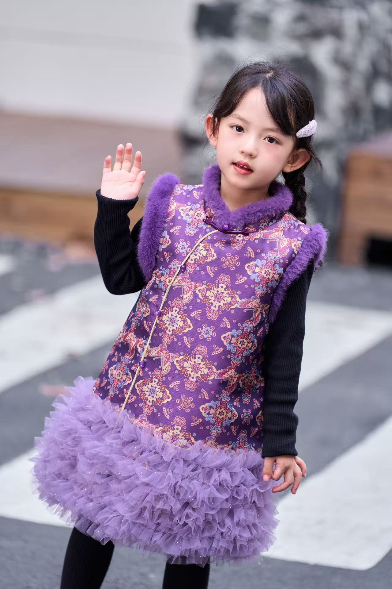 【团纹缎面-旗袍套装】国风拜年服套装秋冬女童’ 童甜美