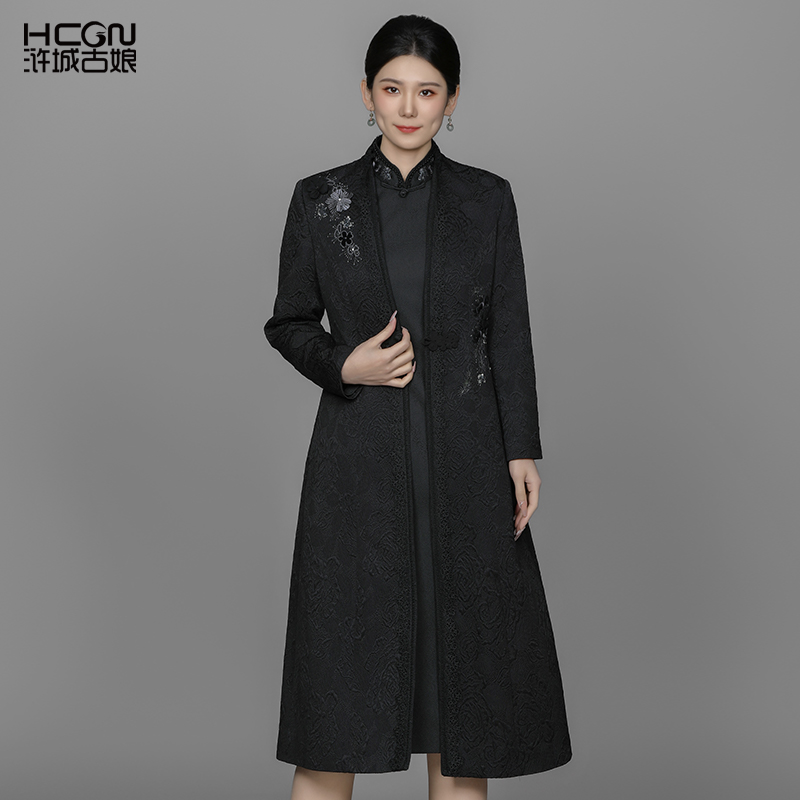 新中式国风女装黑色墨香牡丹战袍套装裙两件套-ACL11528+ACL17908