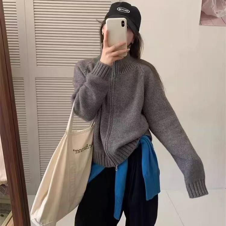 【现货】慵懒风毛衣外套女秋冬新款韩系简约宽松立领拉链针织上衣
