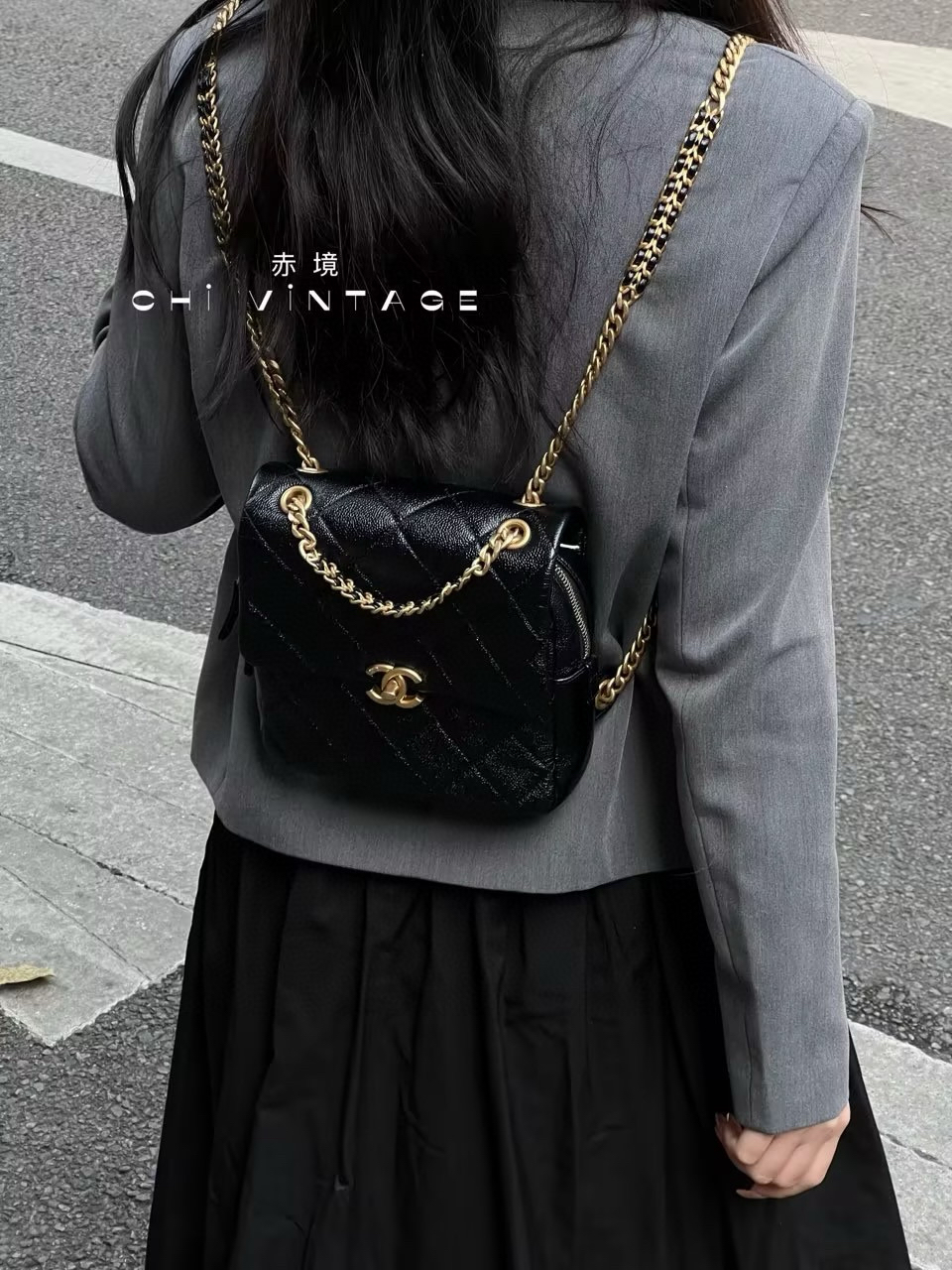 99新 Chanel/香奈儿 7319 22b黑金牛ado 双肩芯片款