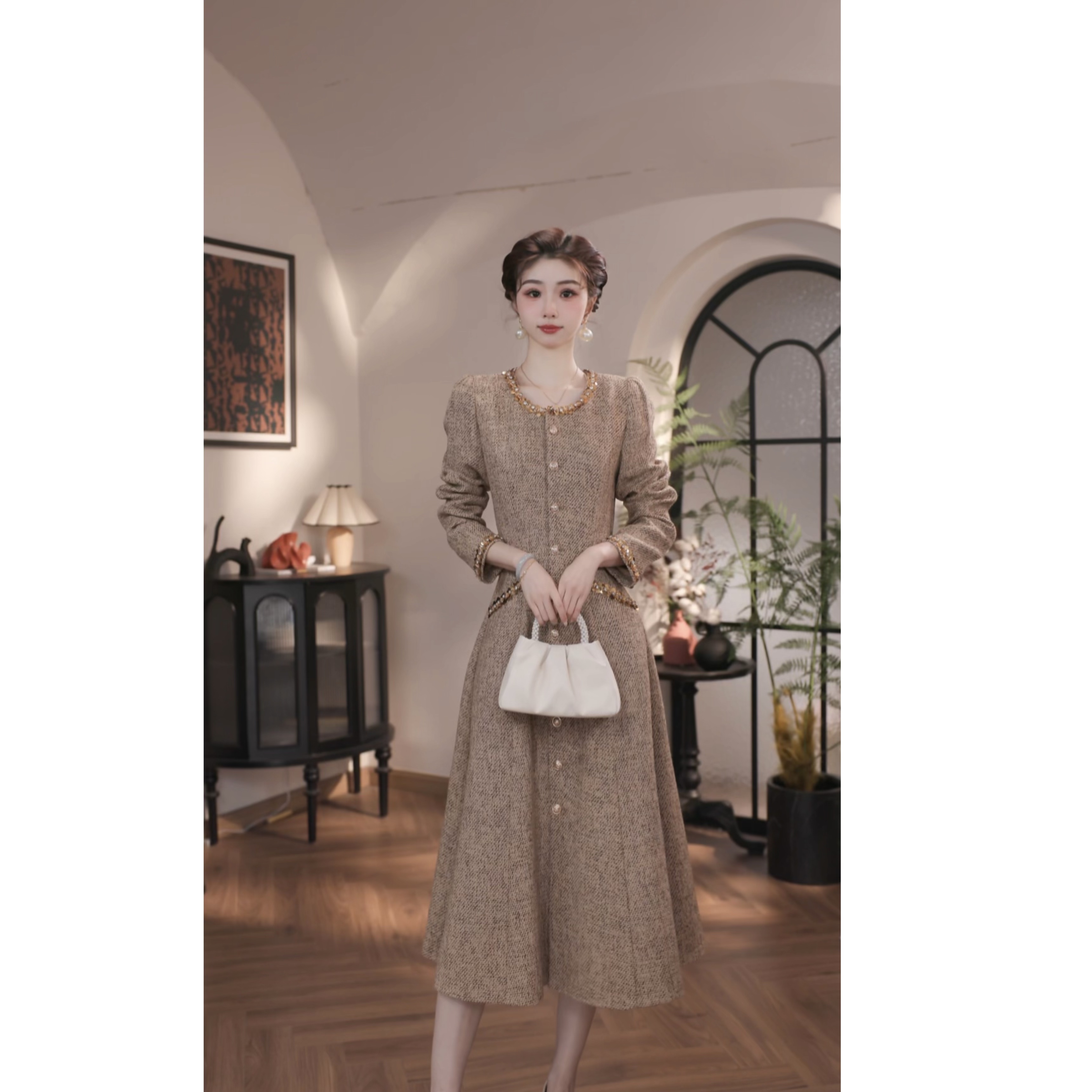 薇宝儿-婷婷【鎏光】冬季新款气质轻奢收腰显瘦小香连衣裙-59655Q