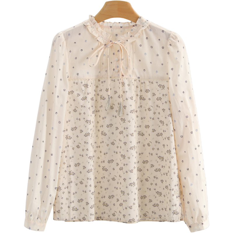 C158-【虫】木耳边碎花系带宽松长袖衬衫#ACE55S010