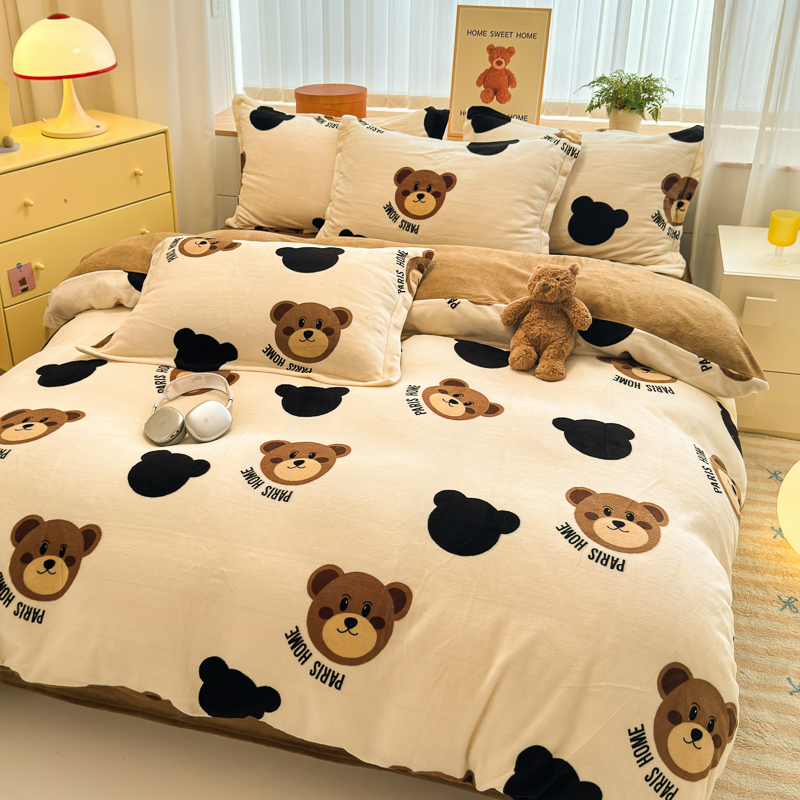 【冬季印花牛奶绒呆萌熊加大四件套】