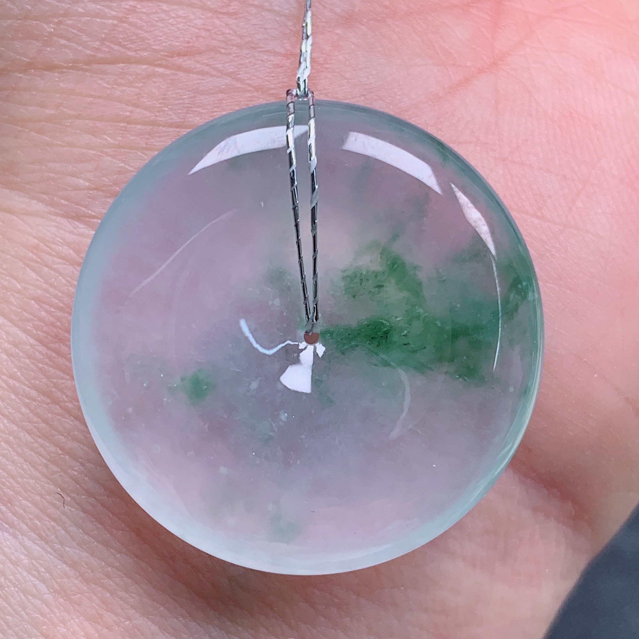 天然缅甸翡翠A货高冰飘花平安扣气质精美尺寸28.4*5.8 370