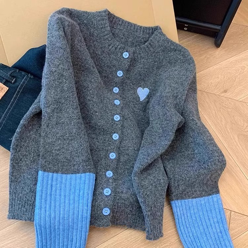 高级感超好看撞色针织开衫外套女春秋季内搭上衣软糯独特灰色毛衣