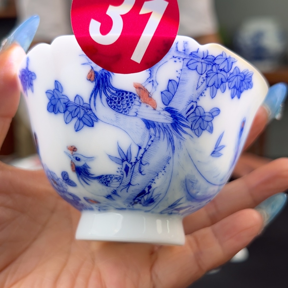 柴窑青花春意盎然六方杯（微瑕）