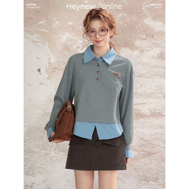 【HEYNEW黑妞】假两件拼接撞色条纹Polo领女秋季宽松显瘦卫衣5Q416