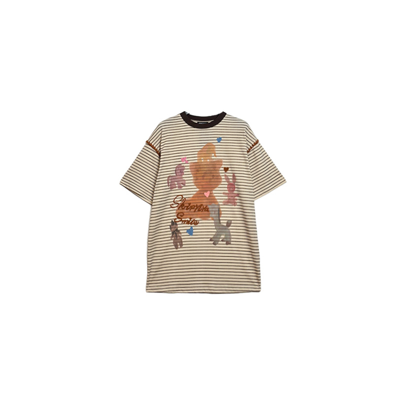 南油小众设计师新品条纹卡通短袖T恤