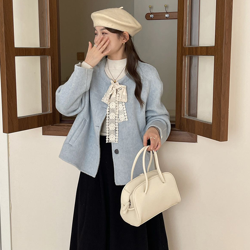 2025秋冬新款短韩系双面羊毛大衣女小个子蕾丝系带绵羊毛外套女