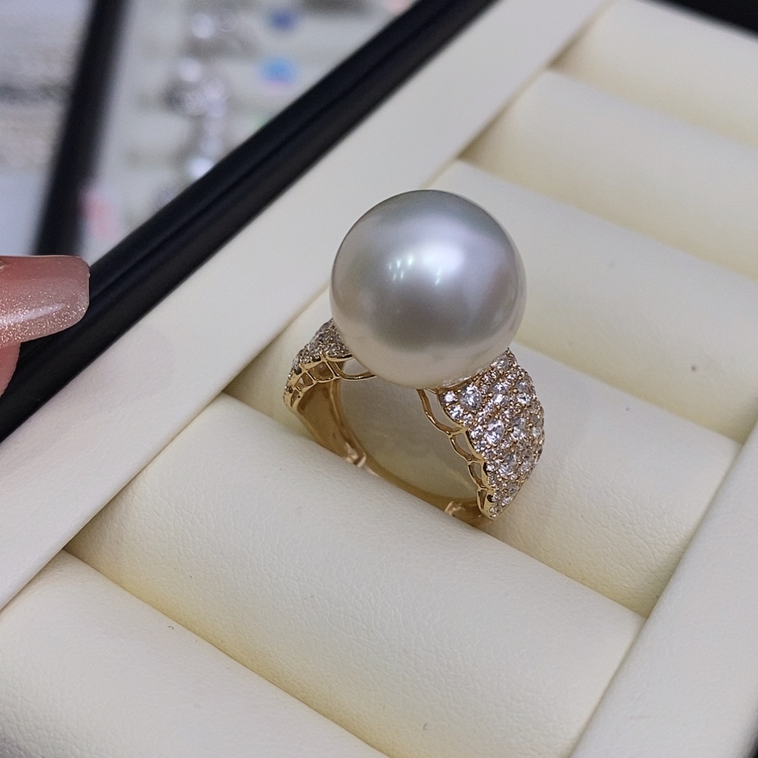 海水珍珠戒指18K金镶嵌14-15mm