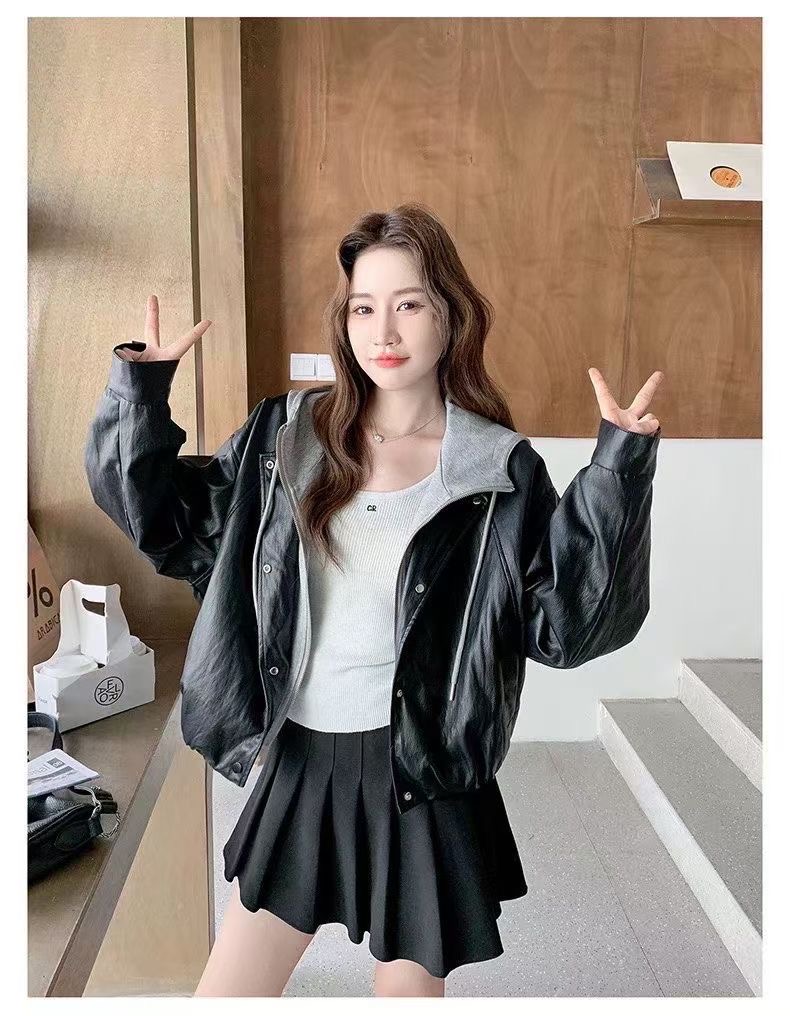 5226假两件连帽皮衣外套女秋装2025新款小个子酷飒风PU皮夹克上衣