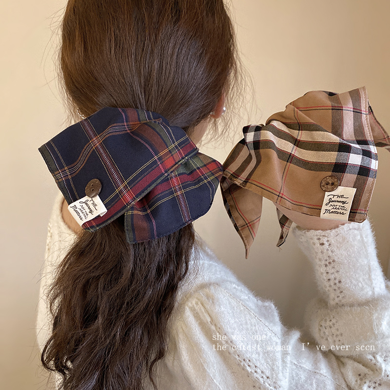 英伦学院风格纹方巾发圈百搭布标纽扣扎发皮筋头绳低马尾发绳发饰