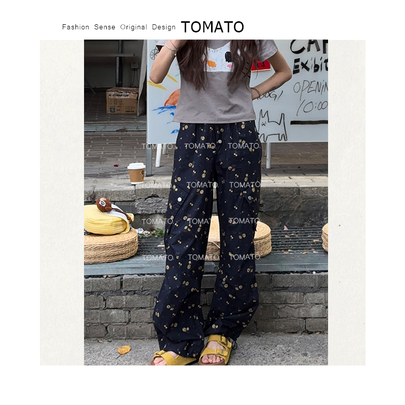 【TomaTo】夜空 夏季南油欧高腰抽绳宽松碎花休闲束脚裤C25K050406