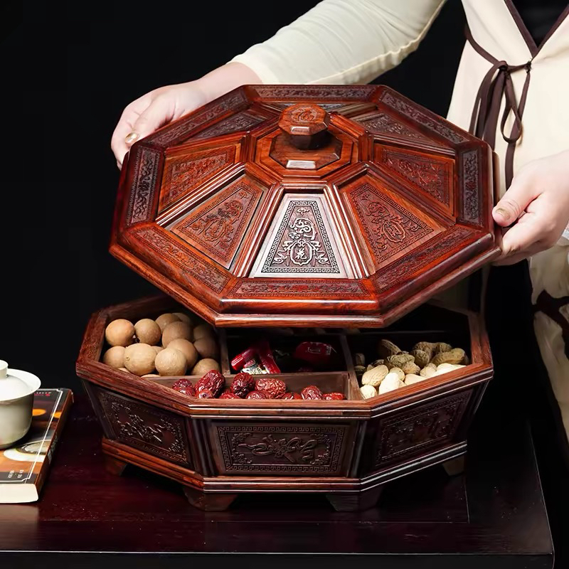 红酸枝雕刻八宝图八角果盘