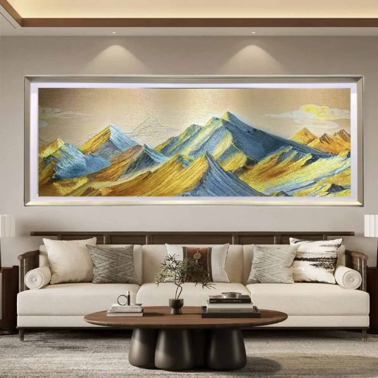 日照金山新中式客厅沙发背景墙山水刺绣高端立体装饰挂画