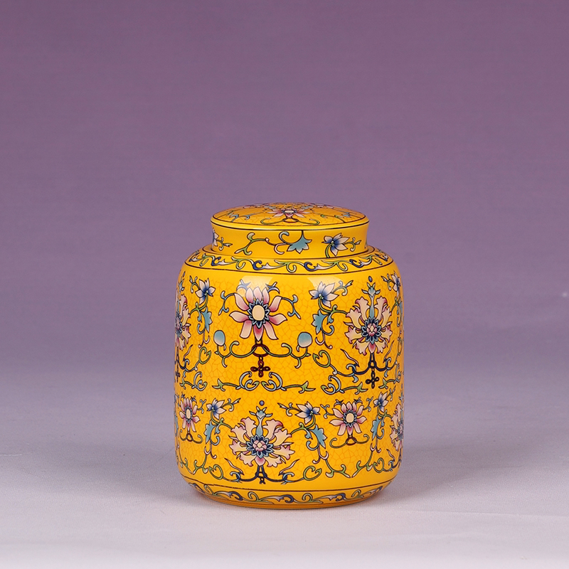 茗香瓷器 珐琅彩黄缠枝莲茶叶罐密封罐储物罐-5172