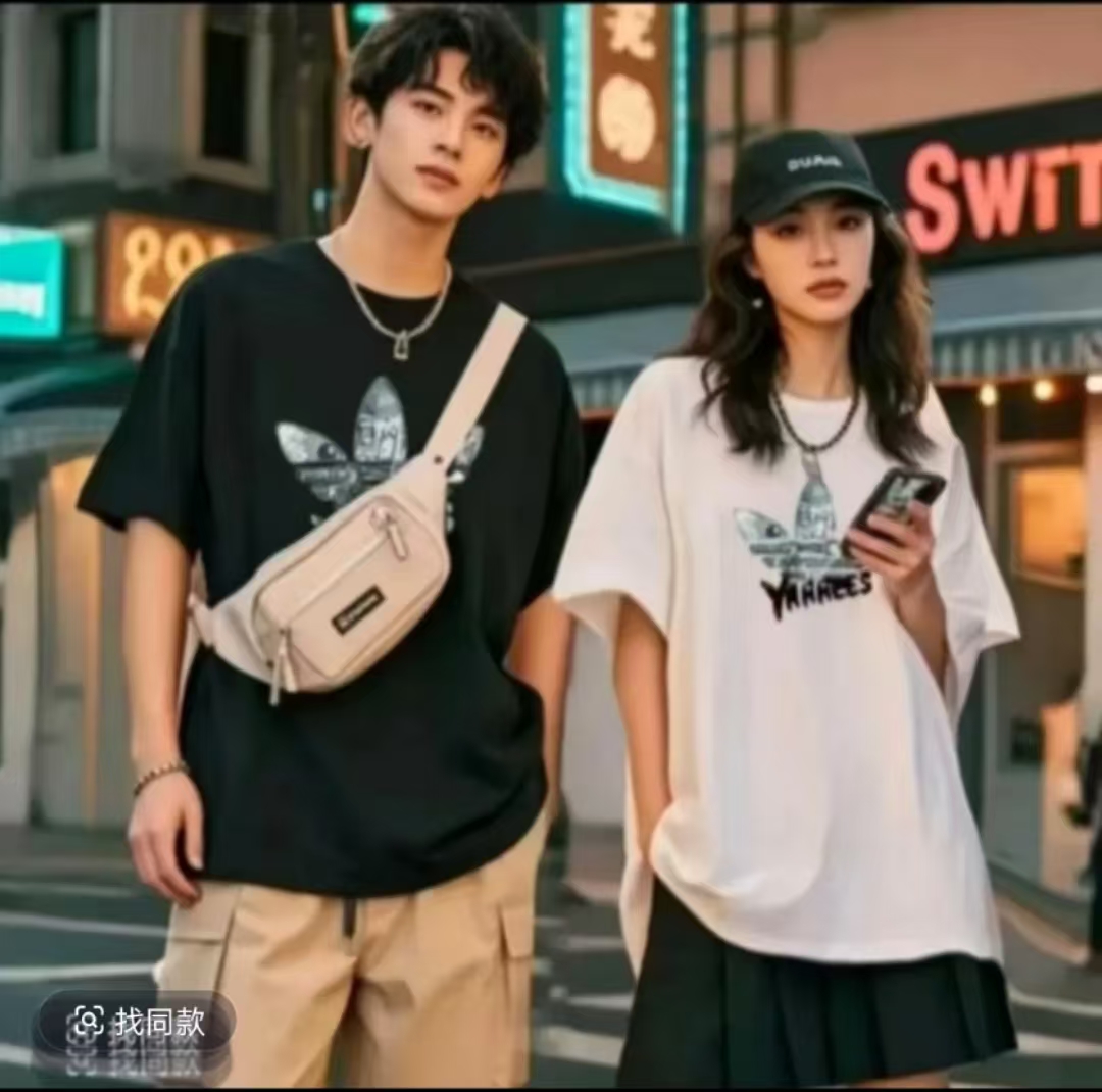 印花短袖常规款圆领格子夏季T恤情侣白色欧若智性风