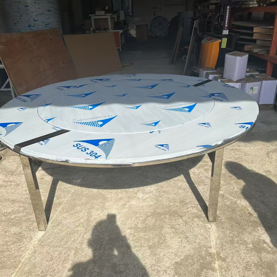 加厚50管桌腿不锈钢折叠内嵌内置转盘圆桌餐饮酒席家用餐桌吃饭桌