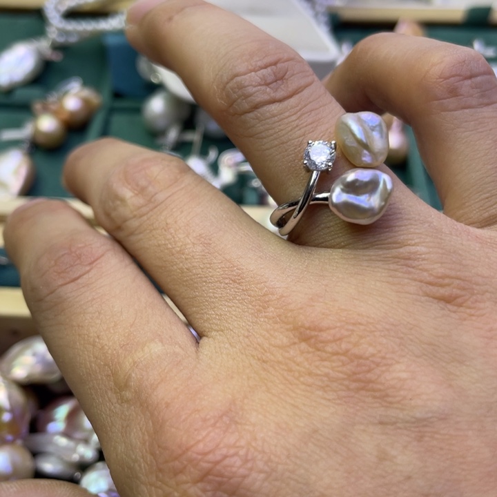 淡水珍珠戒指银S925镶嵌花***罗