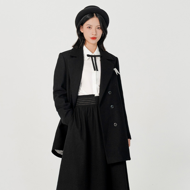 D-HARRY/迪哈利复古廓形深黑色西装上衣女单排扣外套DH231A95862D