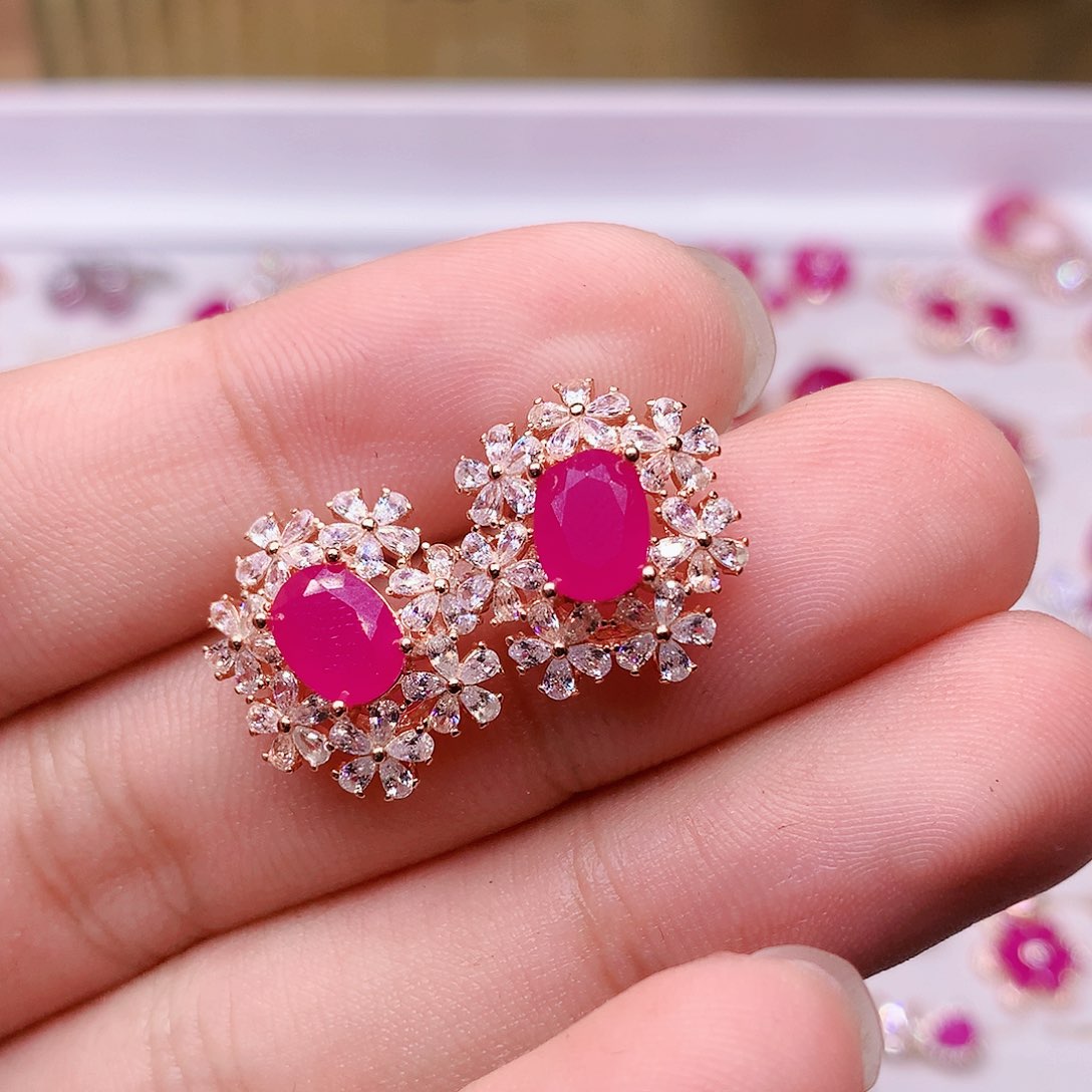 红宝石耳饰银S925镶嵌