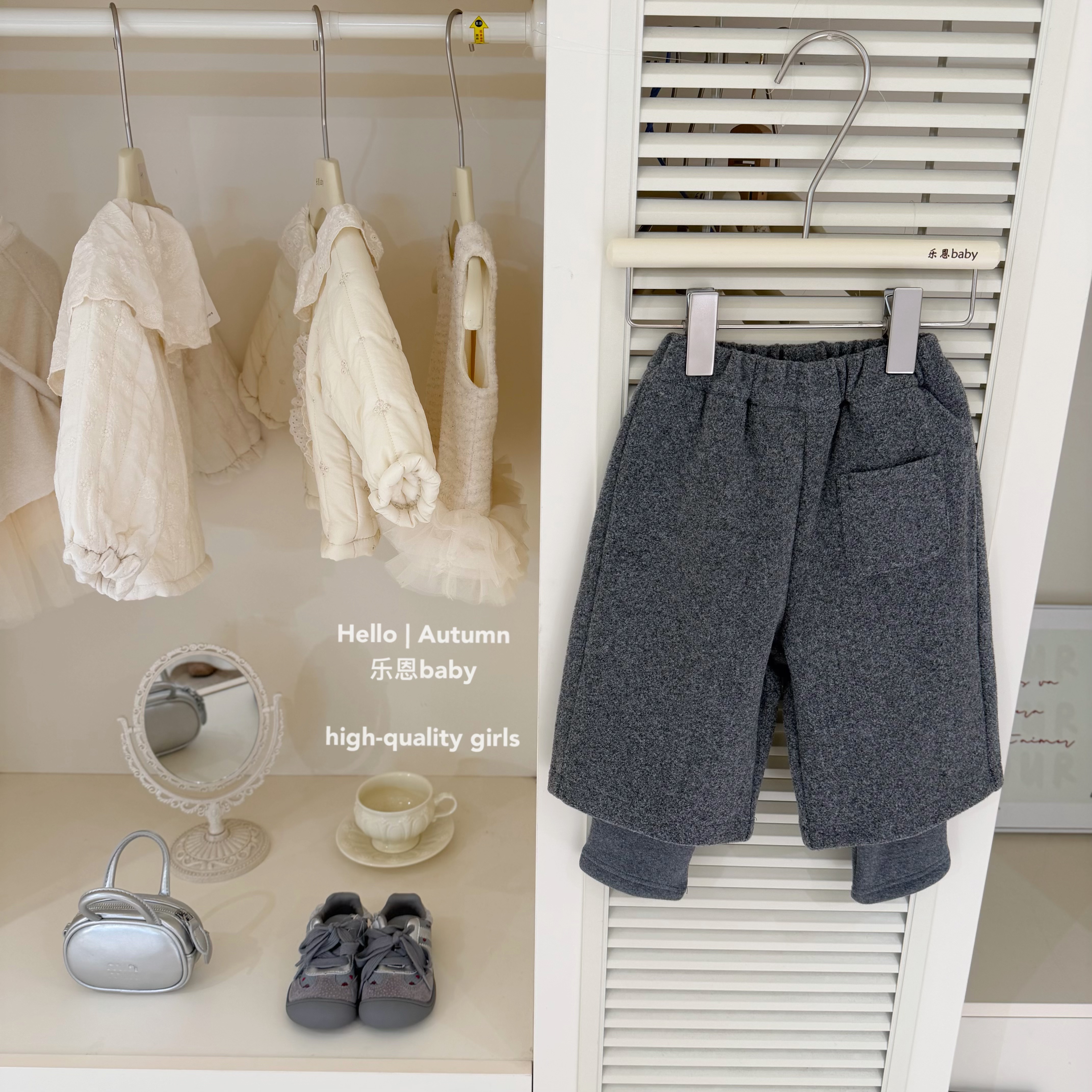 【乐恩童装】原创设计冬季女童灰色呢子加绒靴裤韩版棉裤厚款长裤