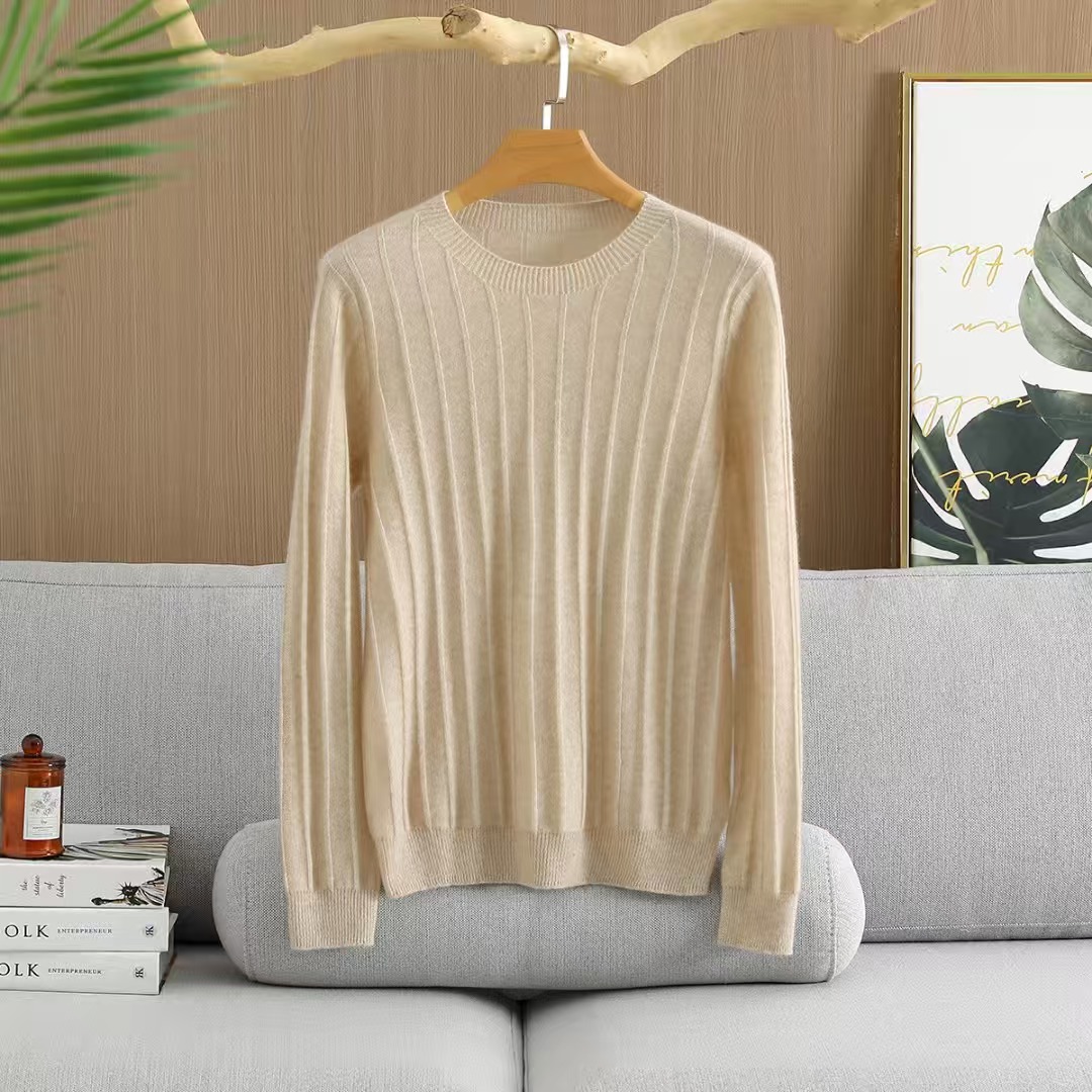 100纯山羊绒女士圆领竖条纹套衫