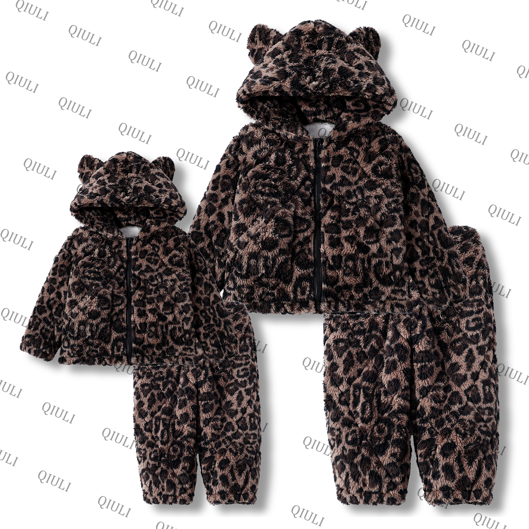 【QIULI】冬季3层夹棉“咖色豹纹”暖绒加厚休闲保暖亲子家居服套装