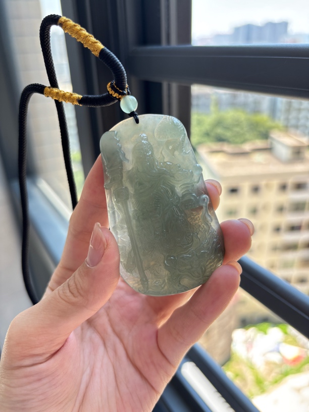 天然缅甸a货翡翠关公 冰种绿底御龙关二爷68.6*42.5*9.0