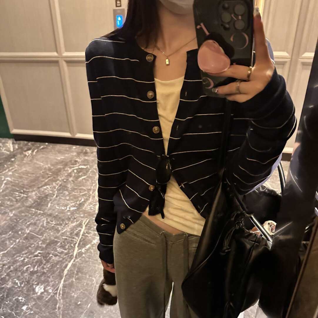 Miss sumeyY3726自制早秋新款法式百搭弹力条纹针织开衫上衣女