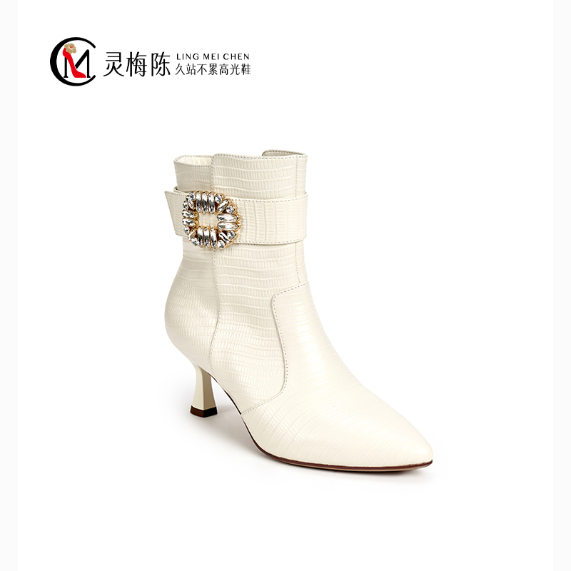 【明星陈数同款】蜥蜴纹钻扣靴秋冬气质尖头质感压纹牛皮高跟时装靴