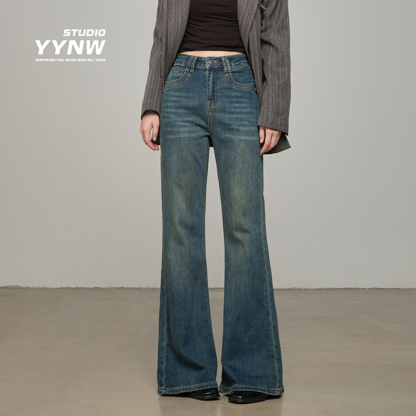 加绒加厚美式复古高腰微喇叭牛仔裤女秋季2025新款宽松显瘦拖地裤