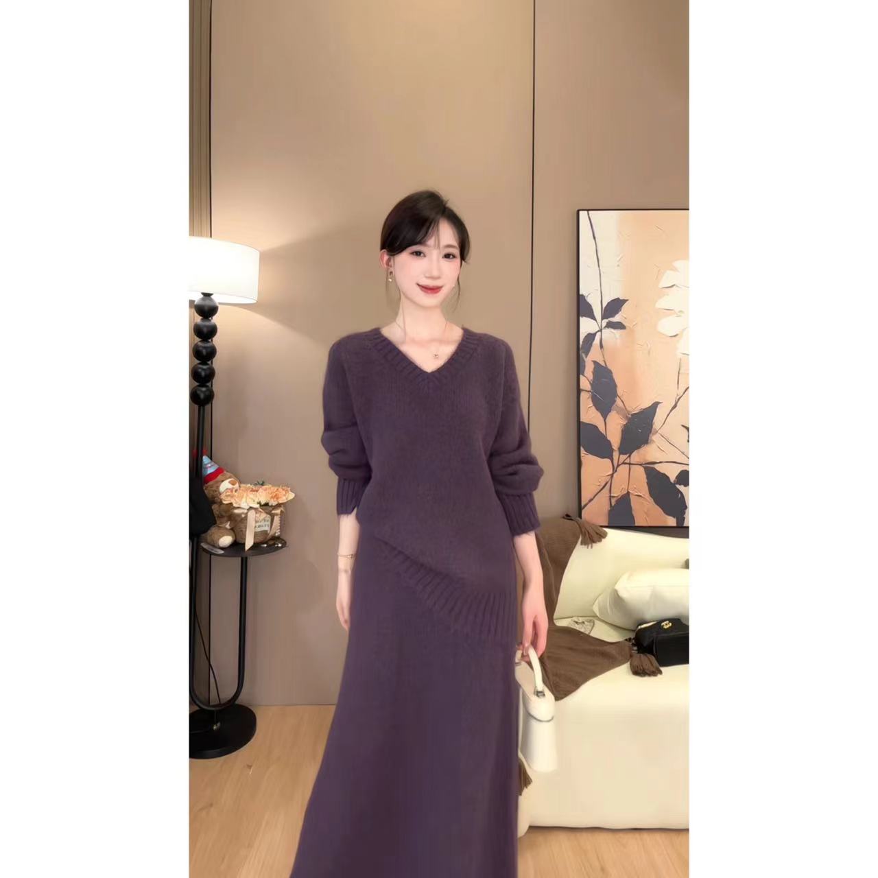 精致时尚优雅气质V领毛衣宽松秋冬高级感氛围感套装穿搭
