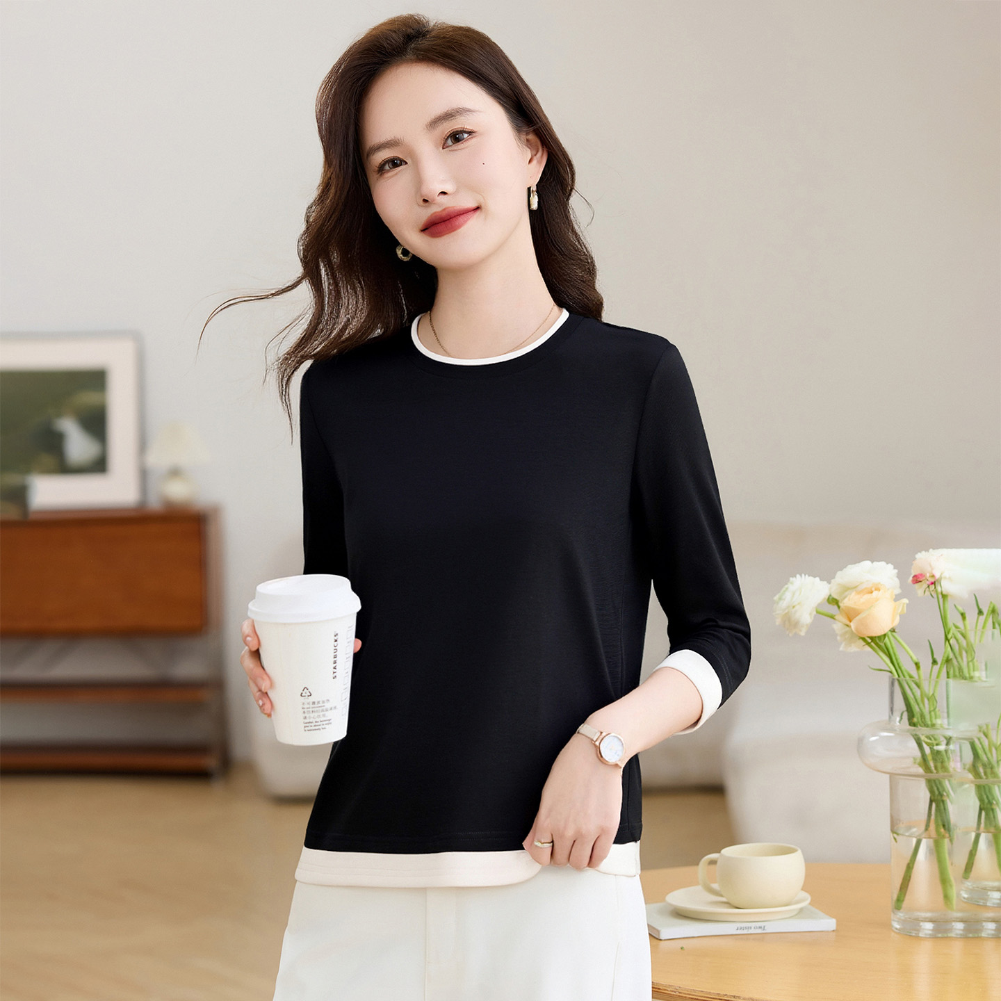 黑色假两件圆领长袖t恤2026春季新款撞色拼接显瘦百搭上衣打底衫