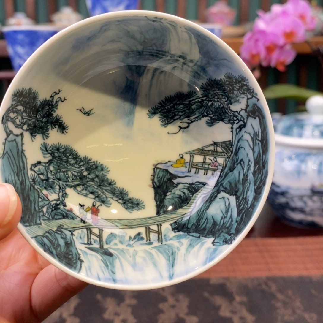 手工陶瓷柴窑青绿山水茶碗