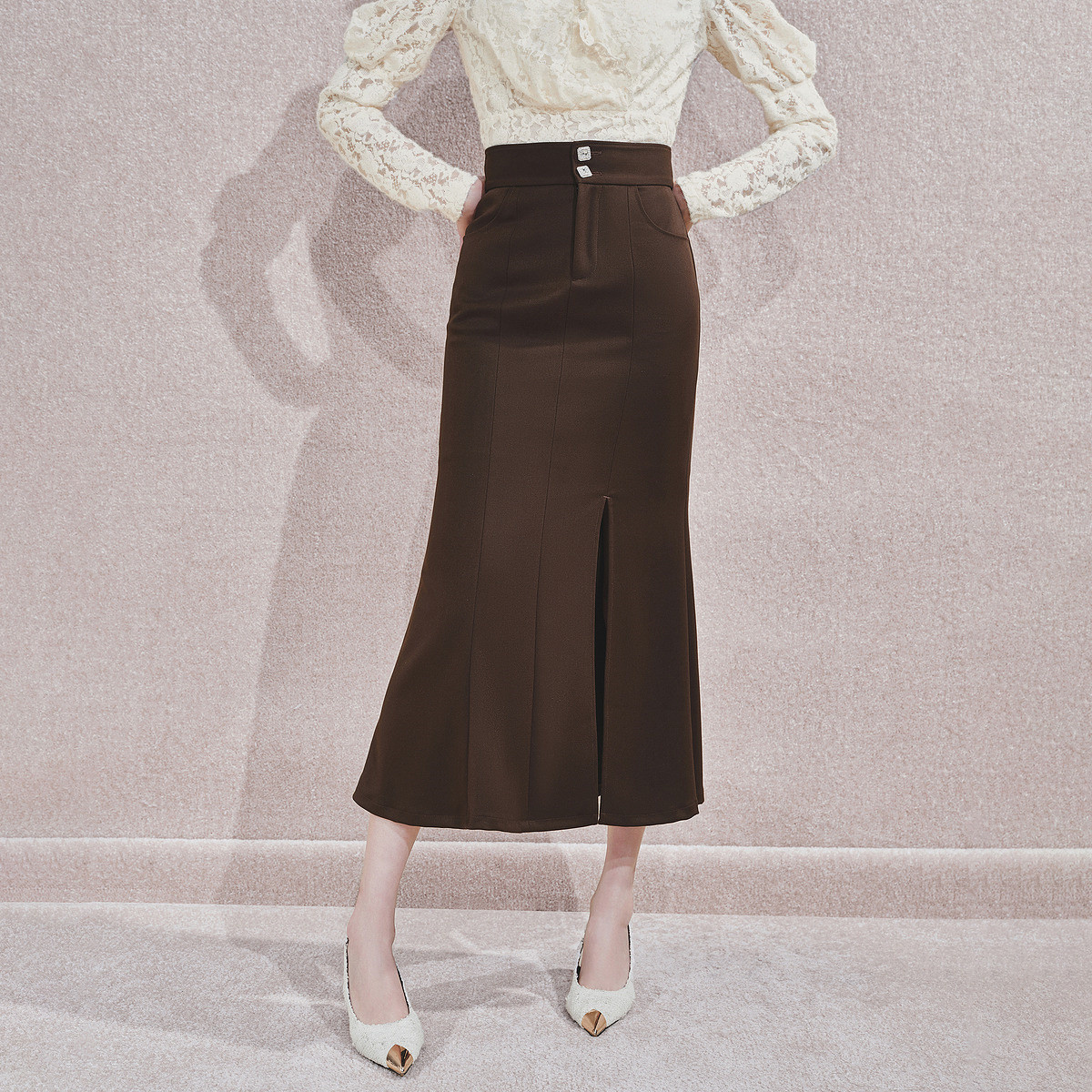 MAXRIENY法式复古感深棕色鱼尾半裙2024秋冬半身裙