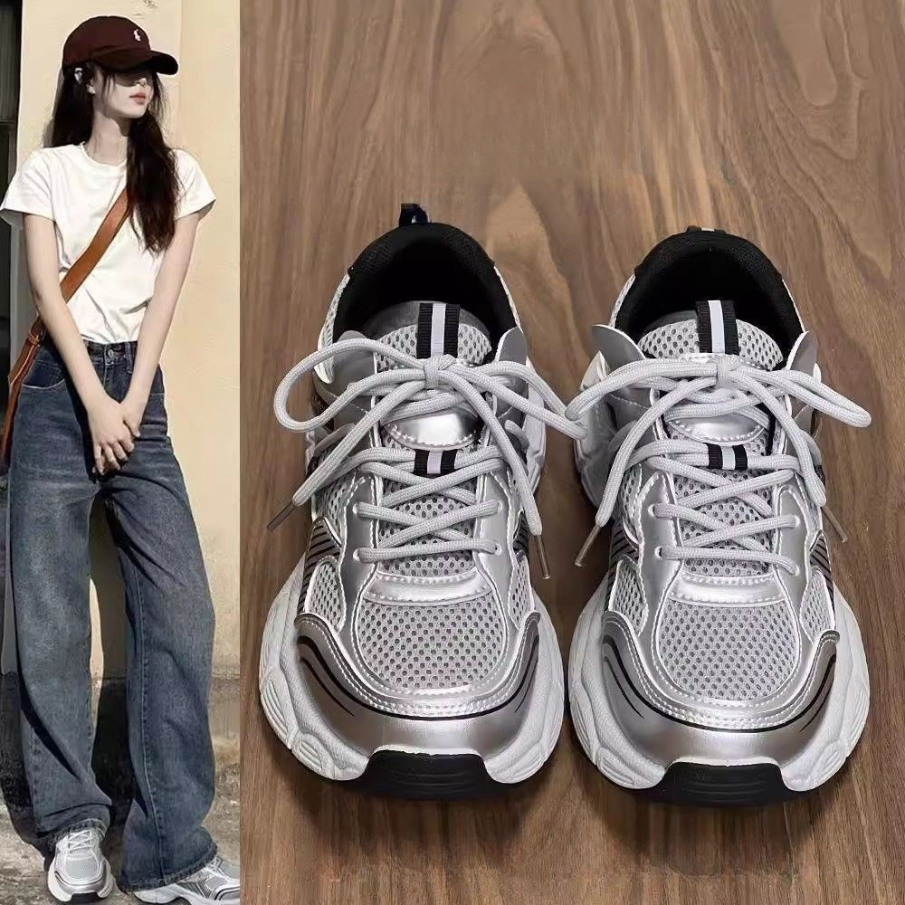 银色老爹鞋女鞋子2025新款爆款春夏百搭休闲鞋厚底增高轻便运动鞋