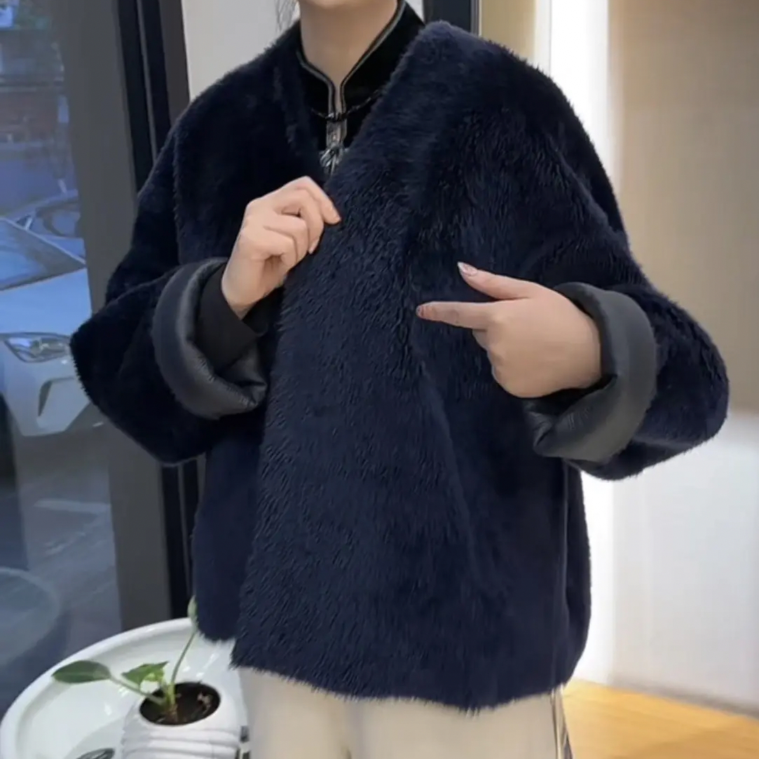 人造皮草 冬季时尚显瘦暖奢V领绒面外套