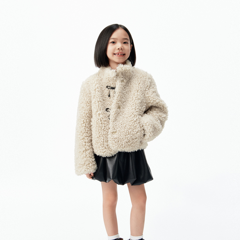 littlemoco童装26春装新款女童蝴蝶结仿羊羔绒外套上衣优雅