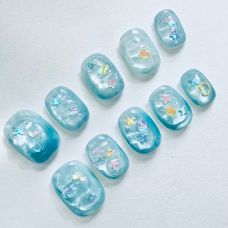 【加利邂逅】蓝色猫眼纯手工穿戴甲显白美甲