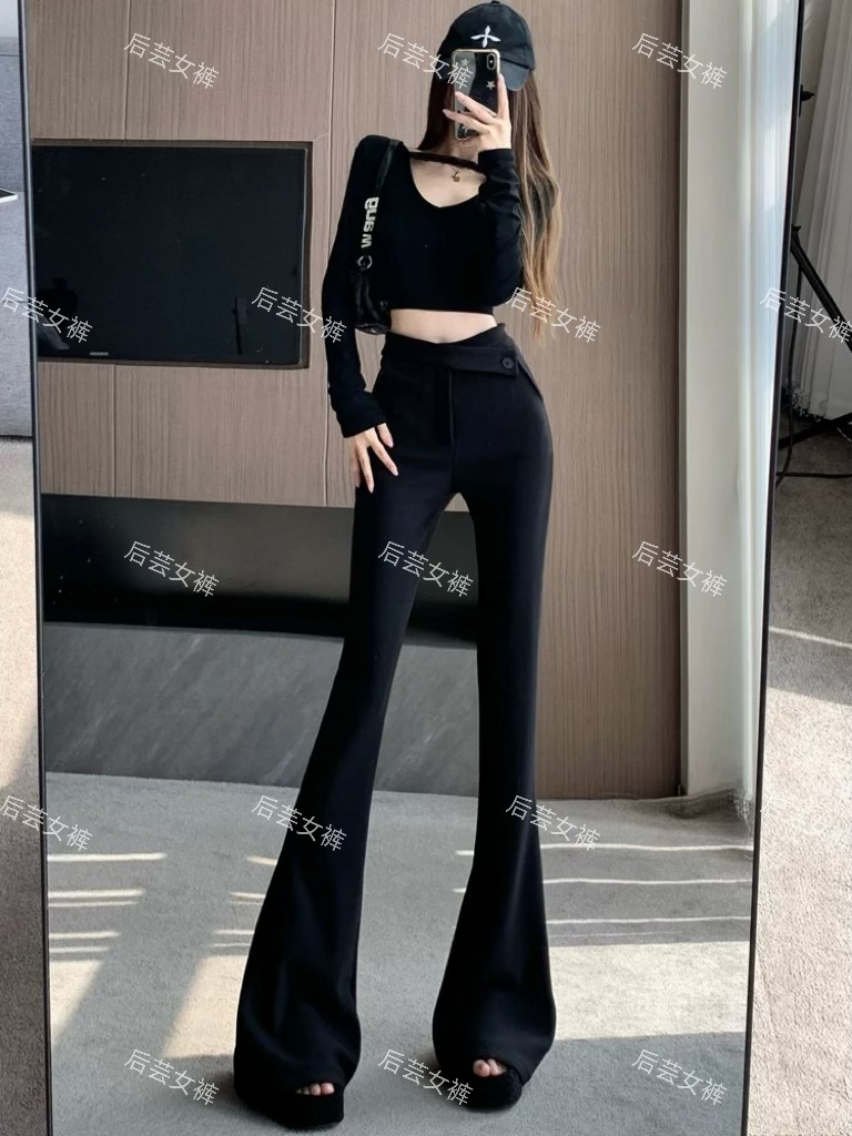 冬季加绒女裤休闲裤高腰时尚修身小个子大喇叭裤微喇叭