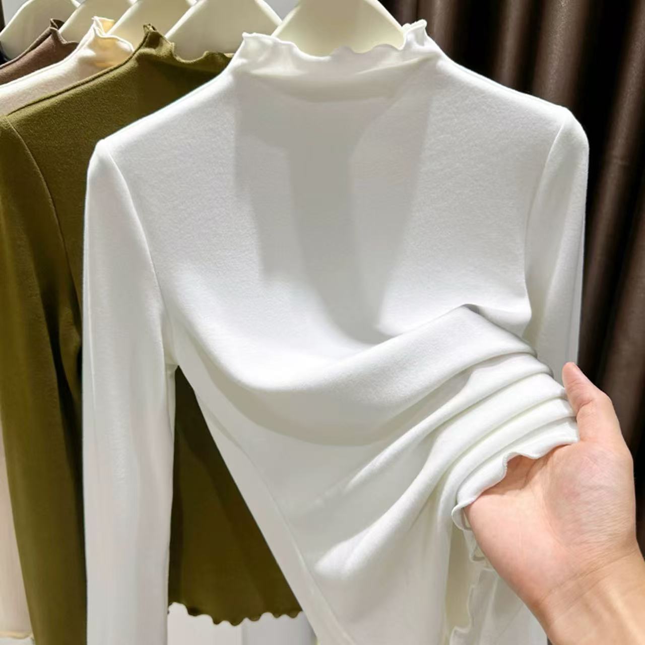 F3059甜美打底衫女秋冬内搭半高领木耳边磨毛t恤上衣